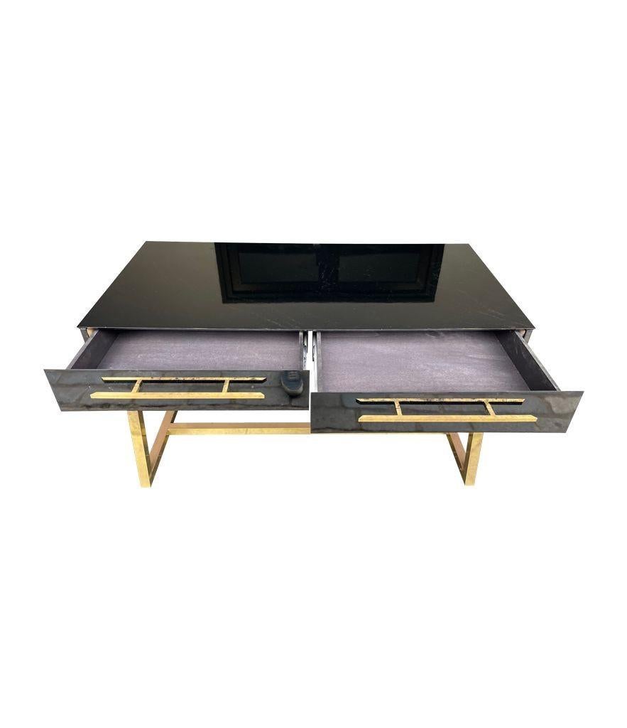 Italian 1980s Mid Century Style Black Lacquer and Brass Desk with Two Drawers For Sale 6
