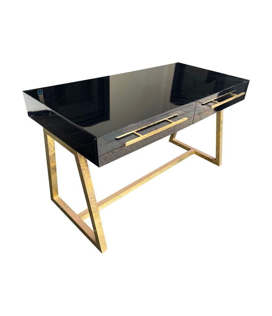 Mid-Century Modern Italian 1980s Mid Century Style Black Lacquer and Brass Desk with Two Drawers For Sale