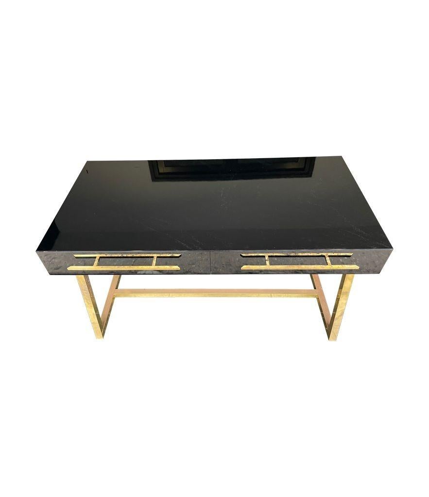 Italian 1980s Mid Century Style Black Lacquer and Brass Desk with Two Drawers In Good Condition For Sale In London, GB