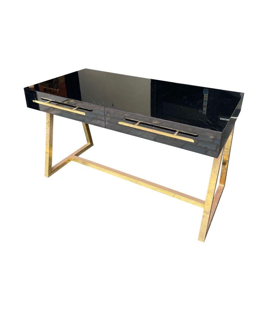 Late 20th Century Italian 1980s Mid Century Style Black Lacquer and Brass Desk with Two Drawers For Sale