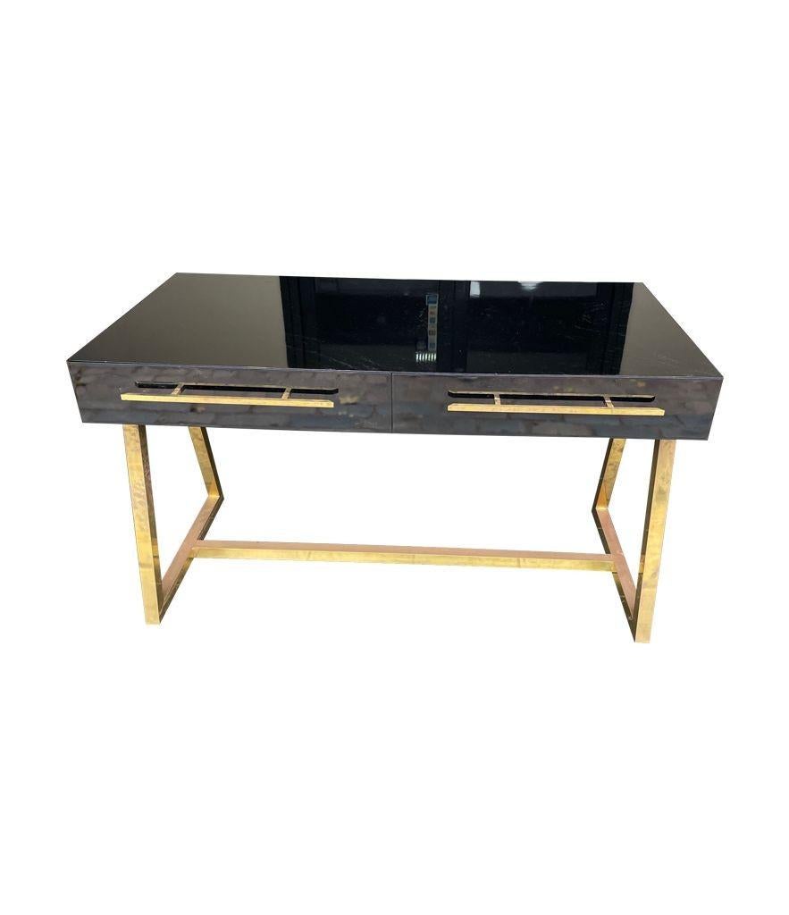 Italian 1980s Mid Century Style Black Lacquer and Brass Desk with Two Drawers For Sale 2