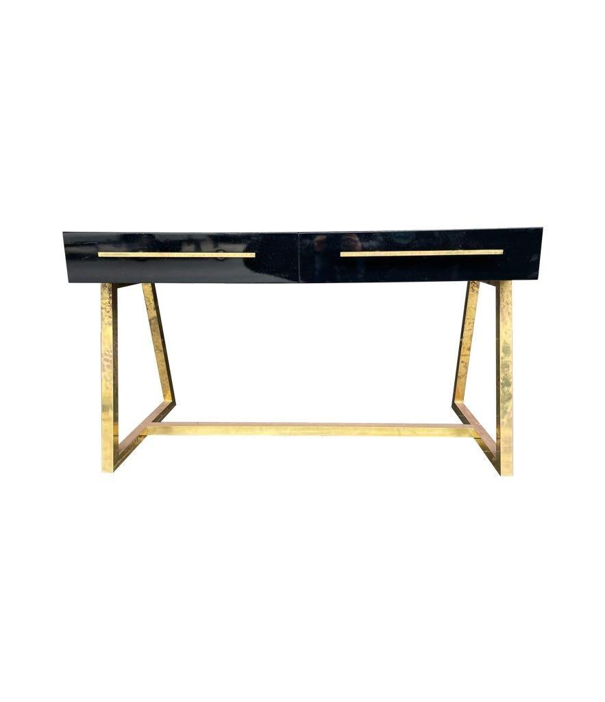 Italian 1980s Mid Century Style Black Lacquer and Brass Desk with Two Drawers For Sale 3