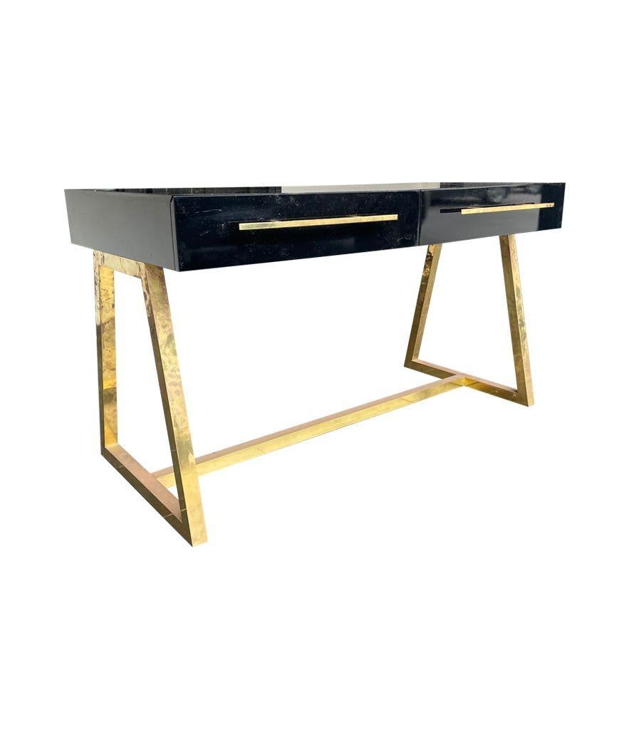 Italian 1980s Mid Century Style Black Lacquer and Brass Desk with Two Drawers For Sale 4