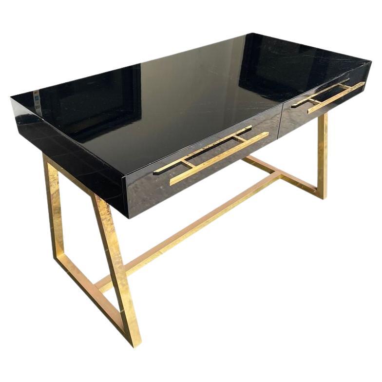 Italian 1980s Mid Century Style Black Lacquer and Brass Desk with Two Drawers For Sale