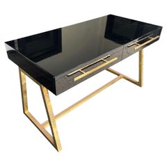 Italian 1980s Mid Century Style Black Lacquer and Brass Desk with Two Drawers