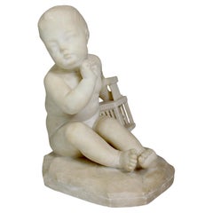 Groupe italien en albâtre sculpté du 19e-20e siècle représentant un enfant avec une cage à oiseaux