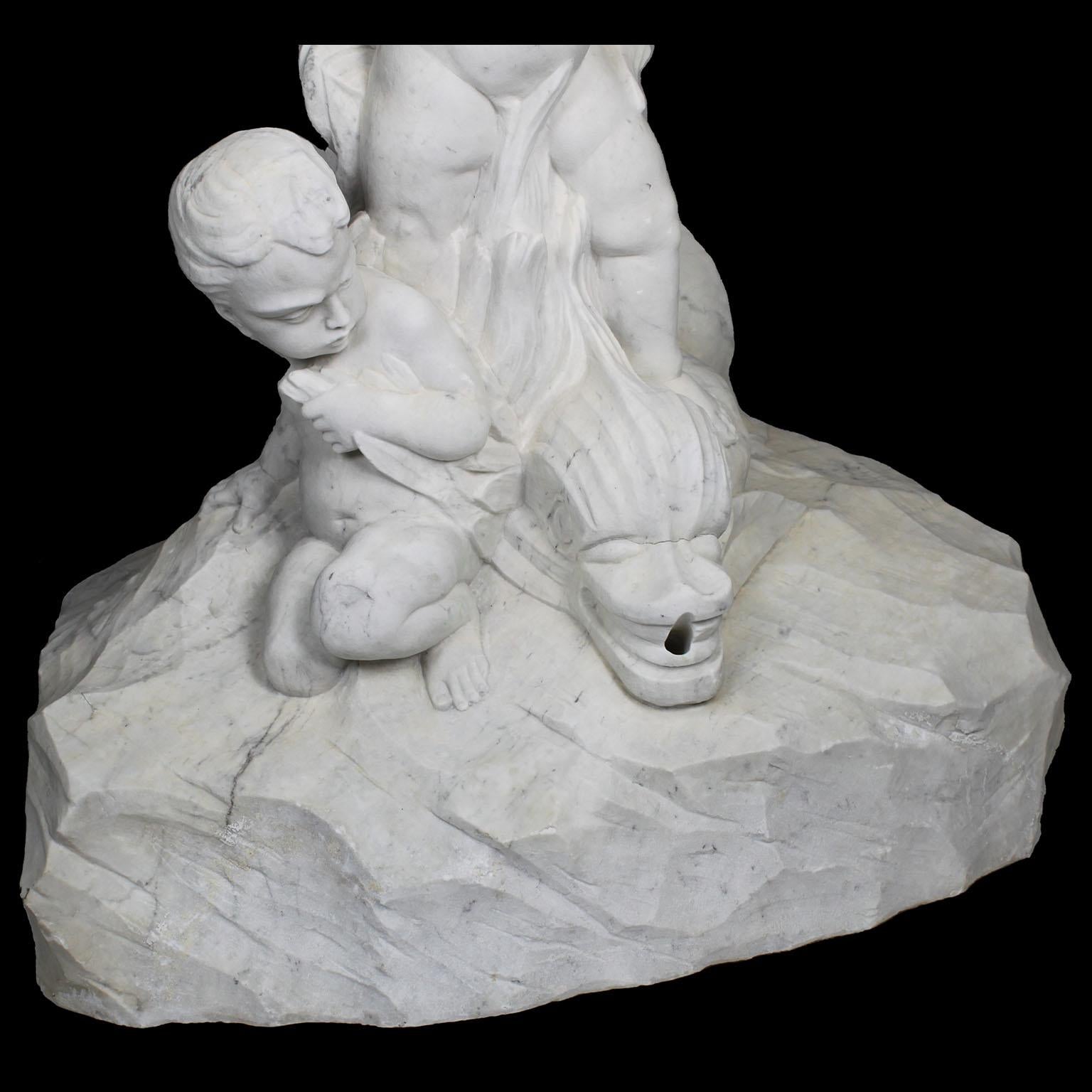 An Italian 19th/20th Century Carved Marble Figural Fountain with Children & Fish For Sale 4