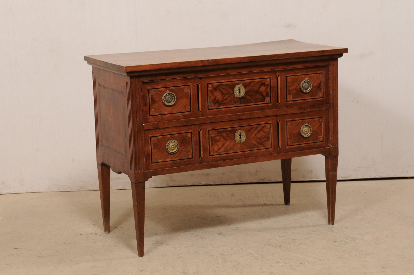 Wood Italian 19th C. Raised 2-Drawer Chest w/Lovely Inlay & Neoclassical Hardware