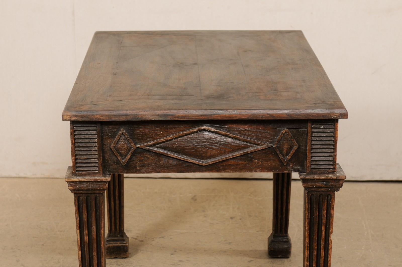 Wood Italian 19th C. Table W/Diamond Motif Carved Skirt on Robust & Fluted Legs For Sale