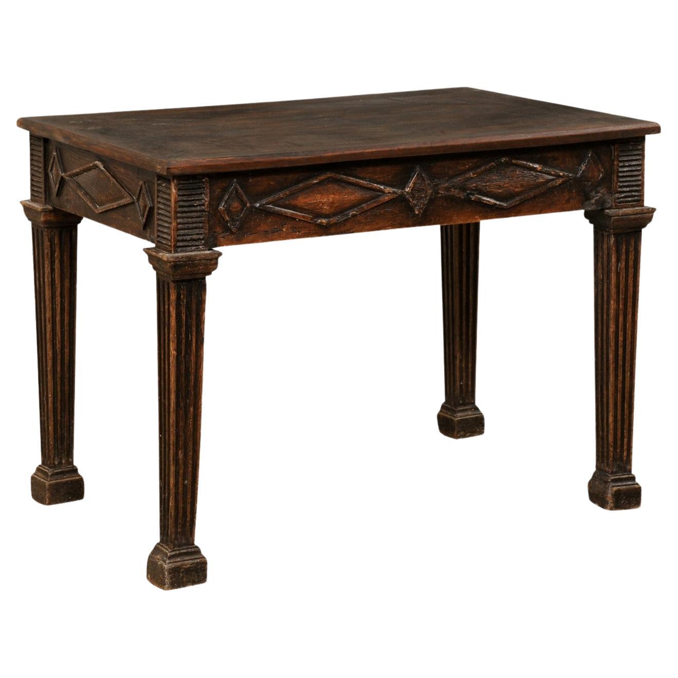Italian 19th C. Table W/Diamond Motif Carved Skirt on Robust & Fluted Legs For Sale