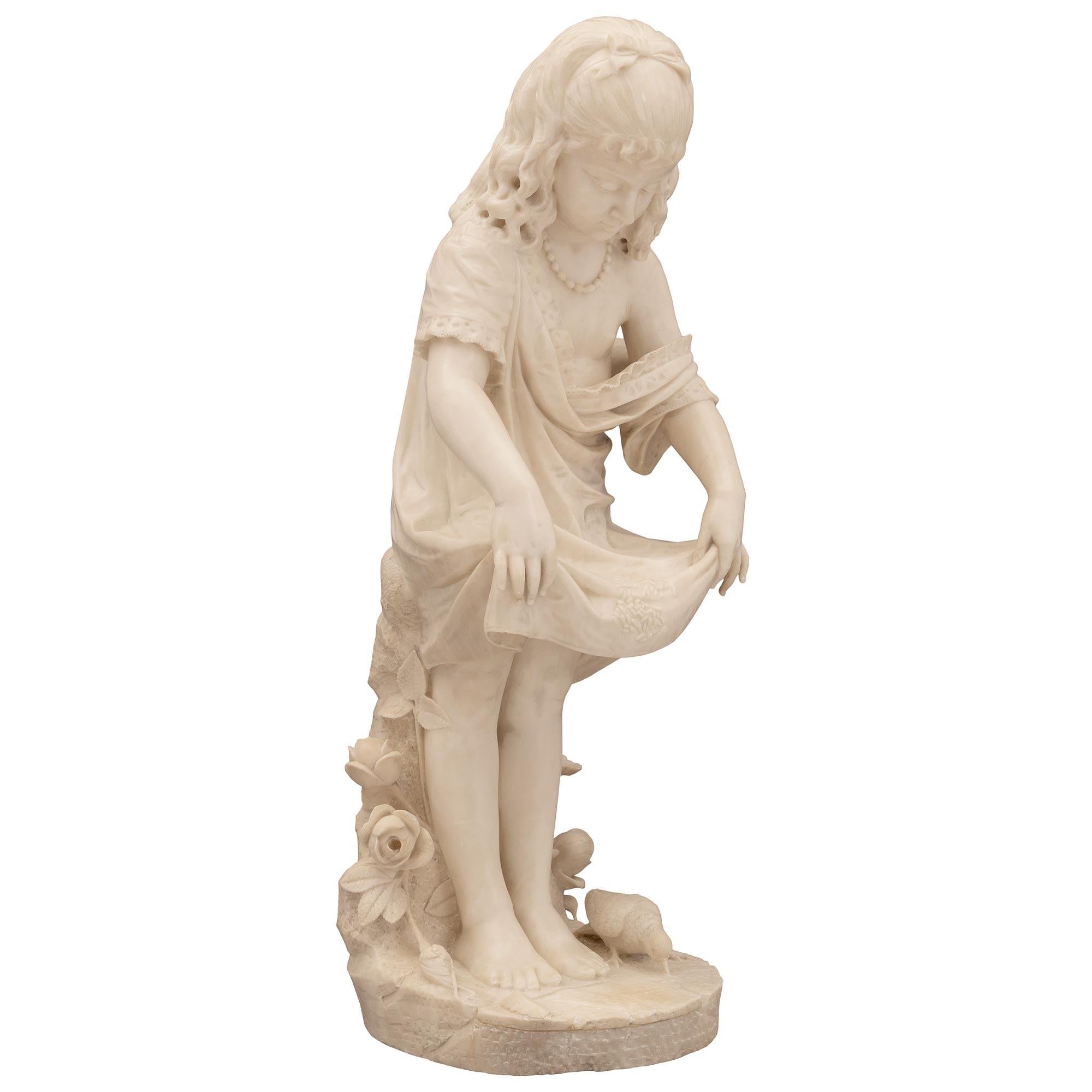 Italian 19th Century Alabaster Statue of a Young Girl Feeding Birds In Good Condition For Sale In West Palm Beach, FL