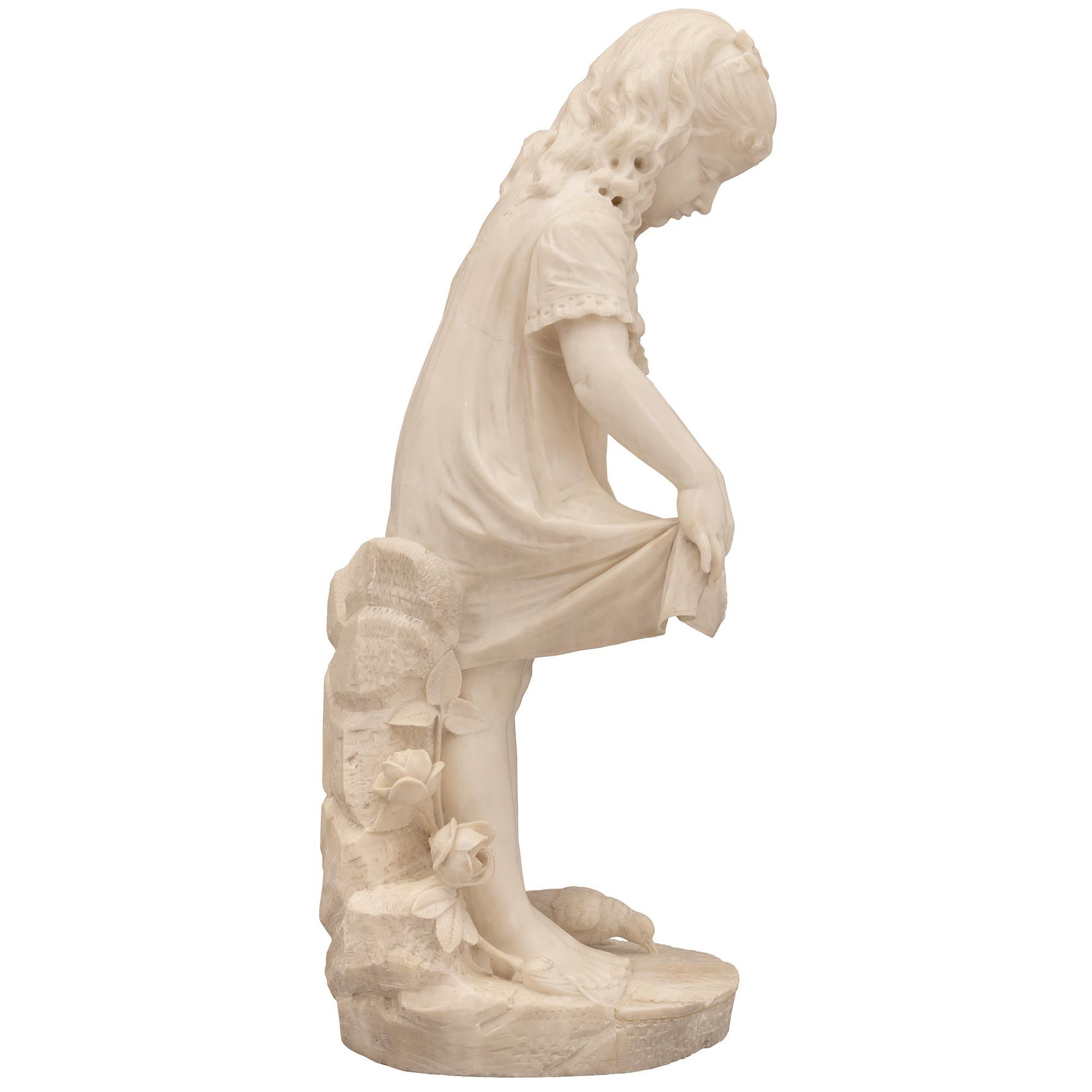 Marble Italian 19th Century Alabaster Statue of a Young Girl Feeding Birds For Sale