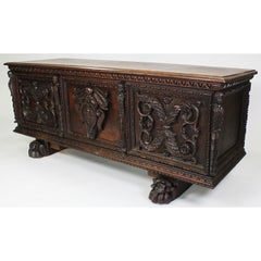 Italian 19th Century Baroque Style Carved Walnut Figural Cassone Chest-Trunk
