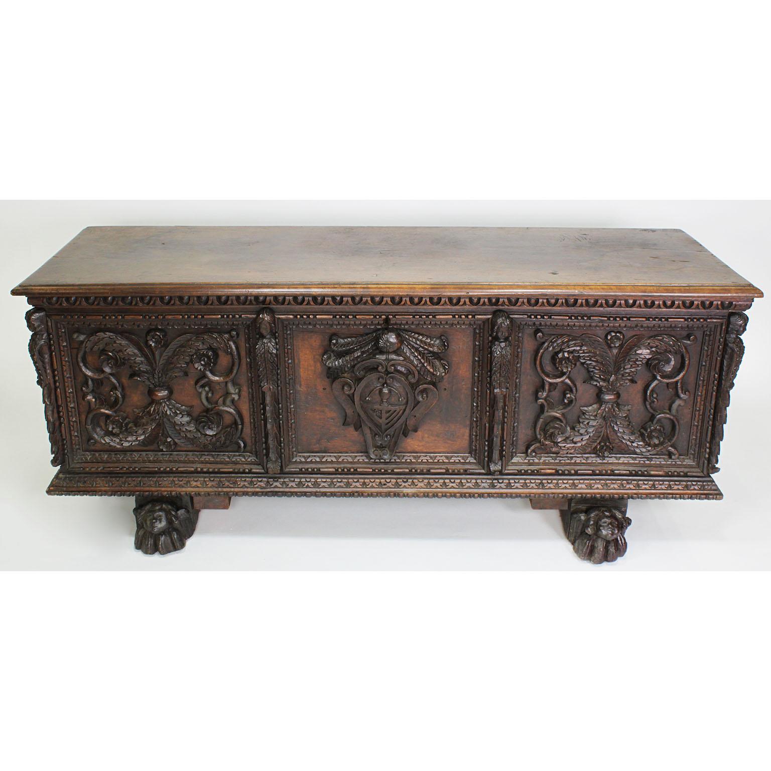 Baroque Revival Italian 19th Century Baroque Style Carved Walnut Figural Cassone Chest-Trunk For Sale
