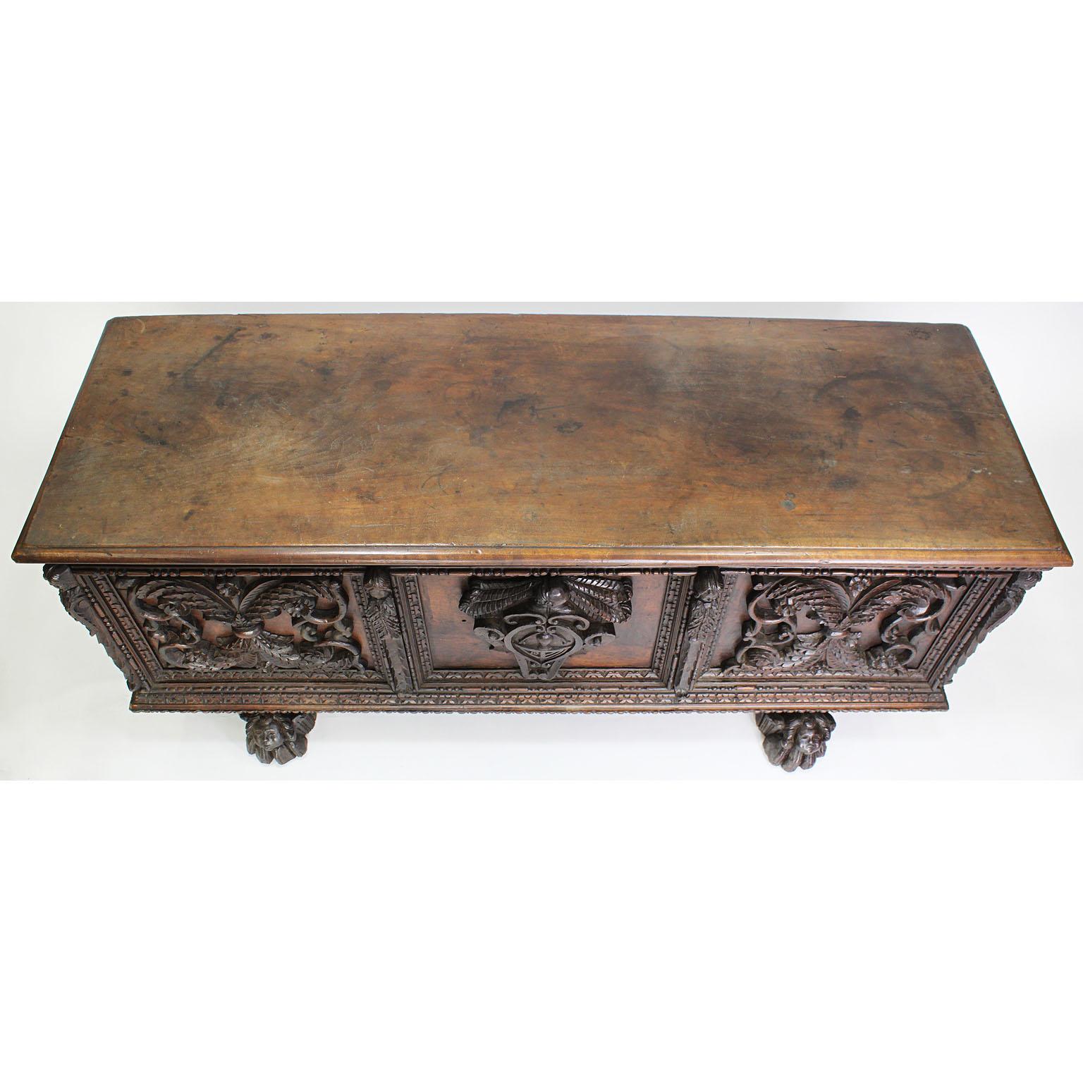 Hand-Carved Italian 19th Century Baroque Style Carved Walnut Figural Cassone Chest-Trunk For Sale