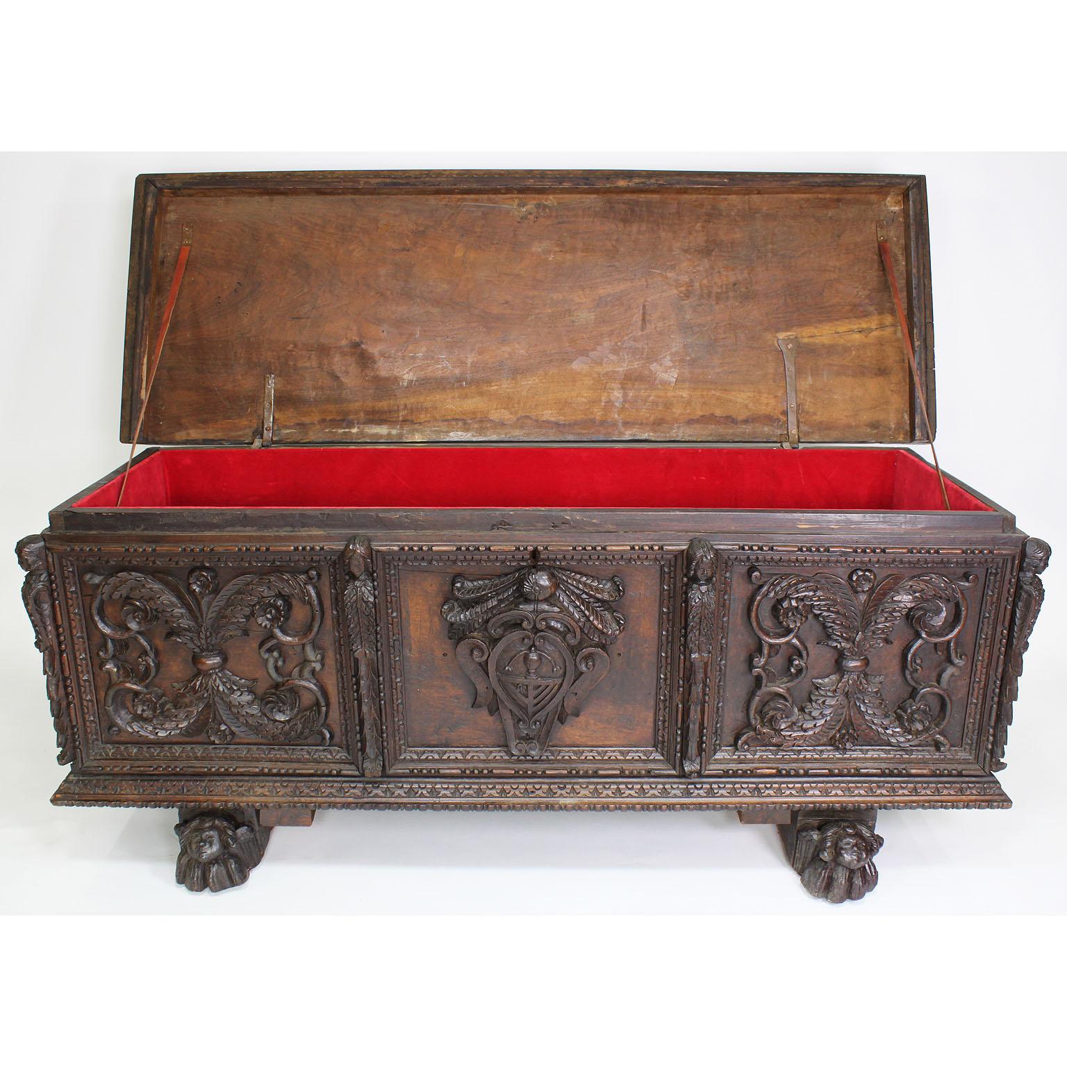 Italian 19th Century Baroque Style Carved Walnut Figural Cassone Chest-Trunk In Fair Condition For Sale In Los Angeles, CA