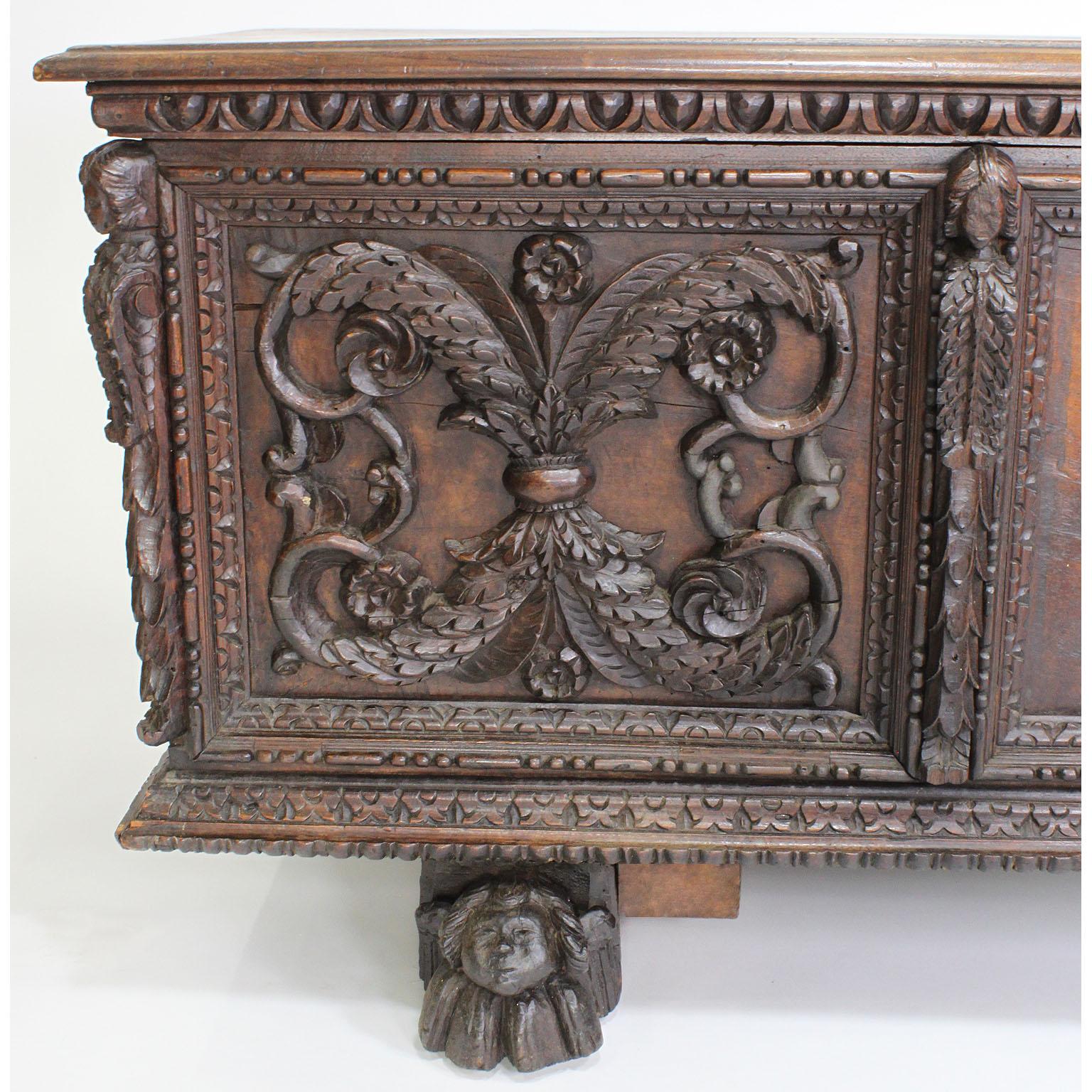 Wrought Iron Italian 19th Century Baroque Style Carved Walnut Figural Cassone Chest-Trunk For Sale