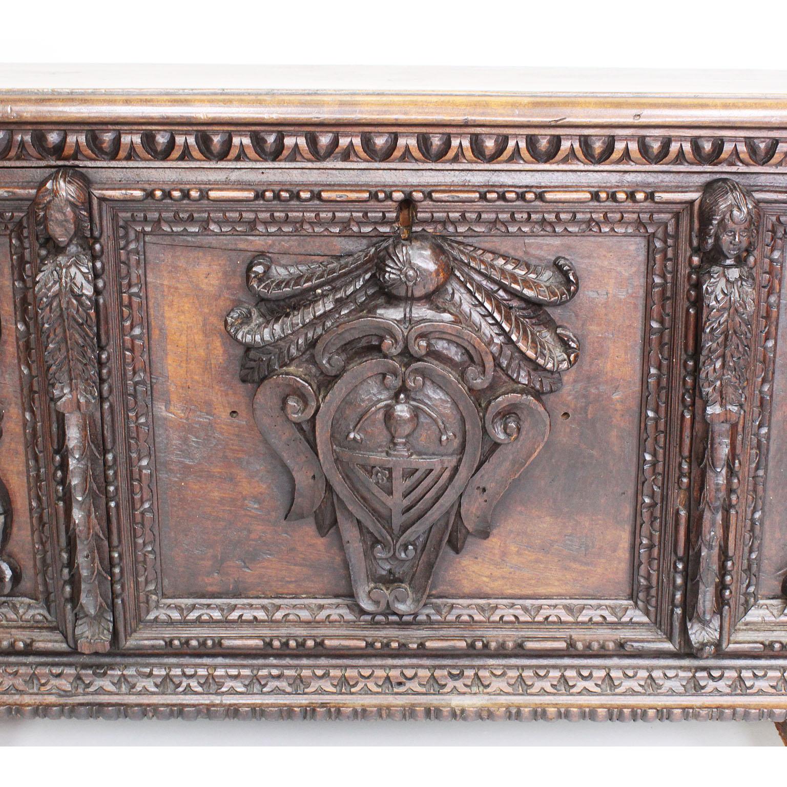 Italian 19th Century Baroque Style Carved Walnut Figural Cassone Chest-Trunk For Sale 2