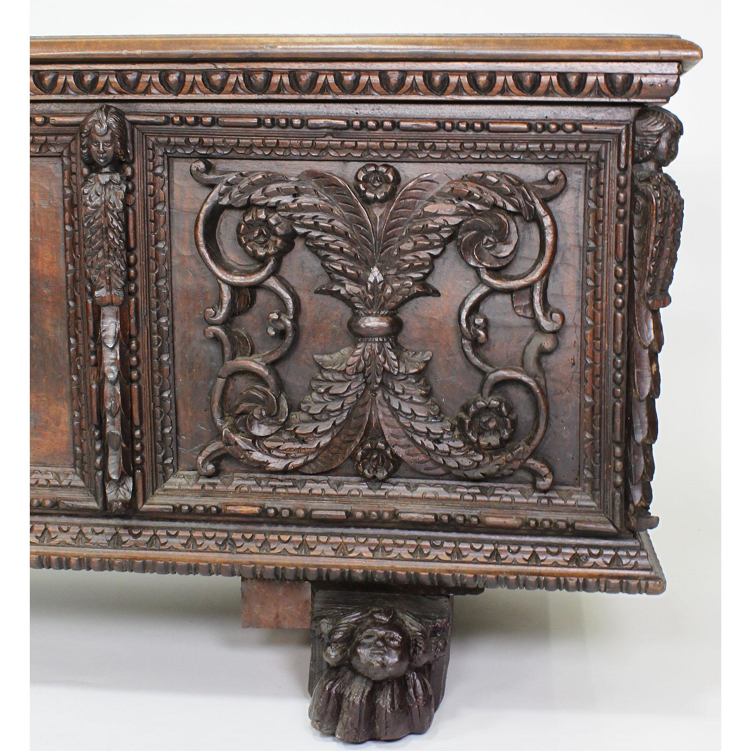 Italian 19th Century Baroque Style Carved Walnut Figural Cassone Chest-Trunk For Sale 3