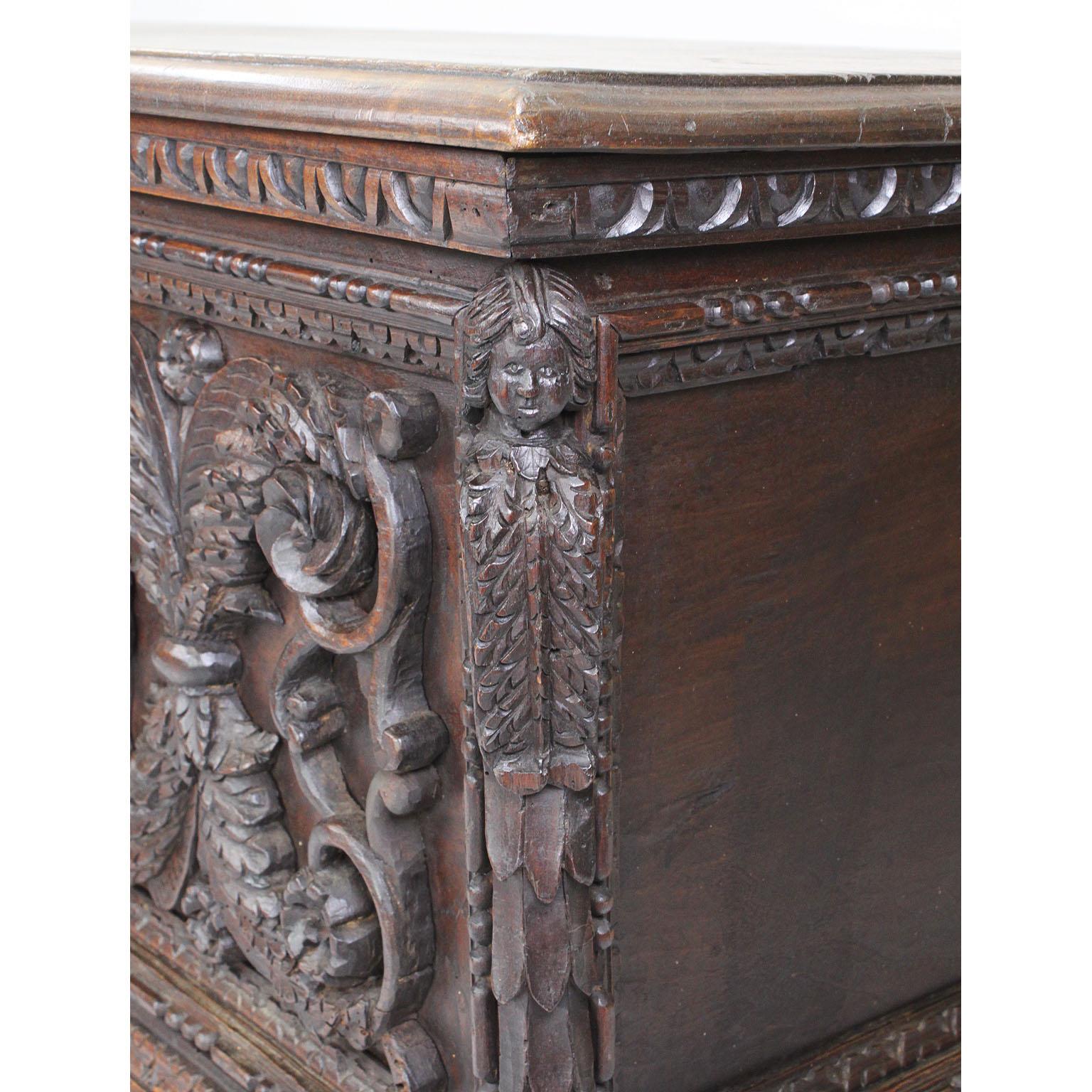 Italian 19th Century Baroque Style Carved Walnut Figural Cassone Chest-Trunk For Sale 1
