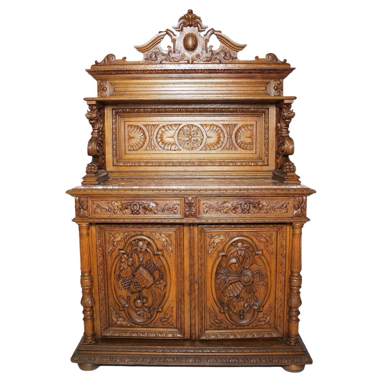 Italian 19th Century Baroque Style Oak-Carved Figural Server Cabinet Buffet