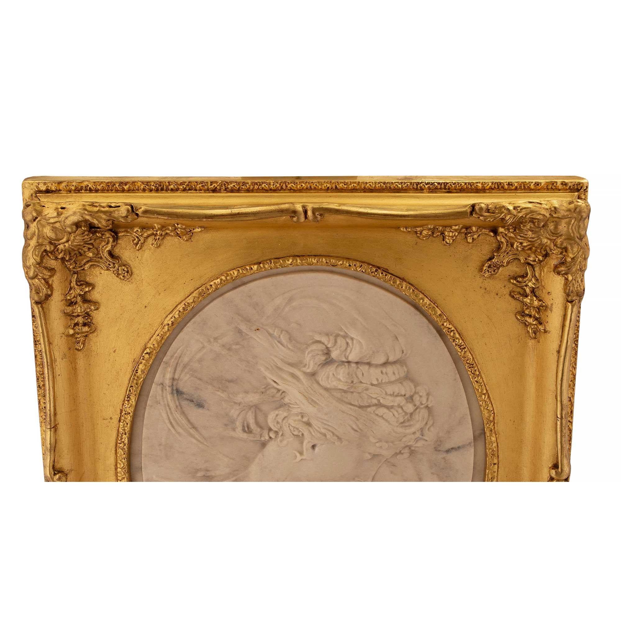 Italian 19th Century Carrara Marble Relief in a Giltwood Frame at 1stDibs