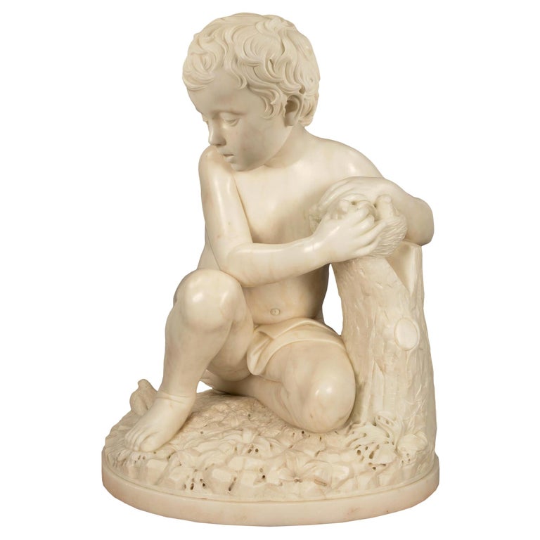 Italian 19th Century Carrara Marble Statue of a Boy, Signed Baratta Roma, 1861 For Sale