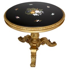 An Italian 19th Century Florentine Pietra Dura Inlaid Table on a Giltwood Stand