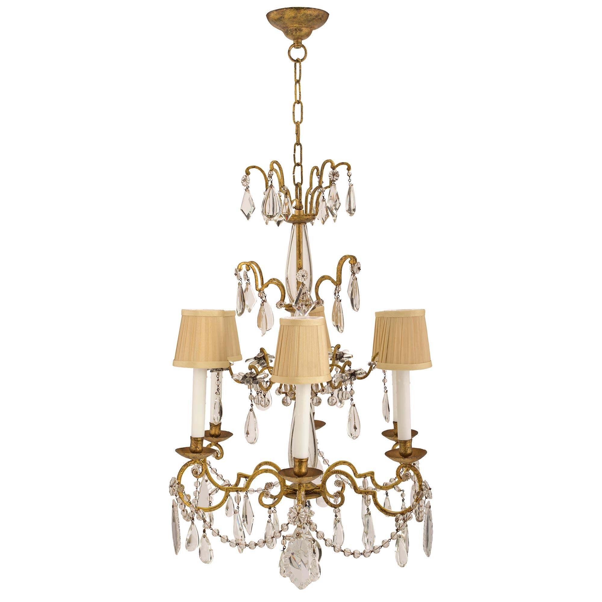French Italian 19th Century Louis XV Style Gilt Iron Crystal and Glass Chandelier