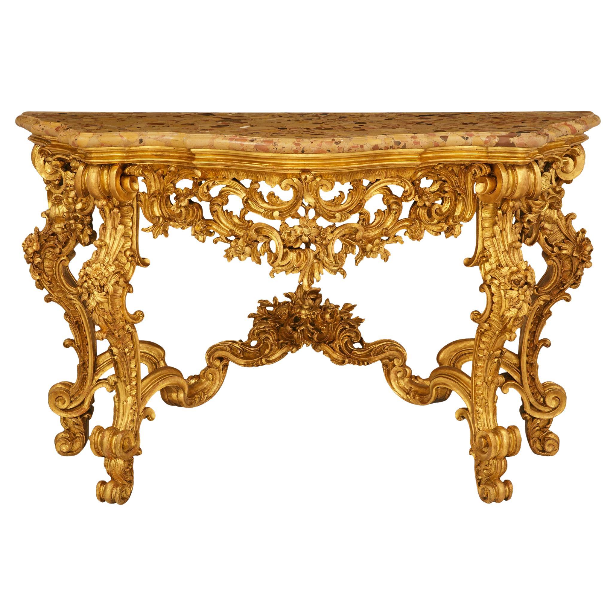 Console italienne du XIXe siècle en bois doré de style Louis XV et en marbre Breche D'Alep