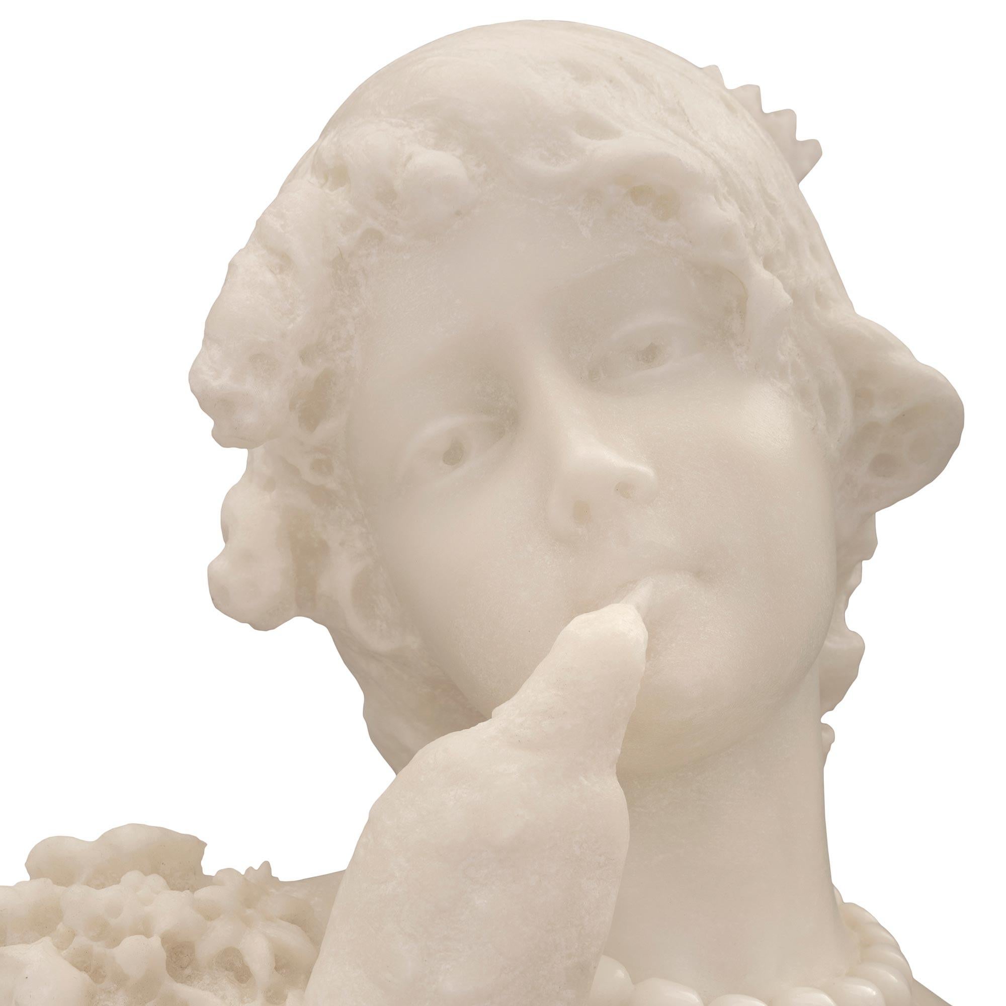 Italian 19th Century White Carrara Marble Bust of Young Girl with Birds For Sale 3