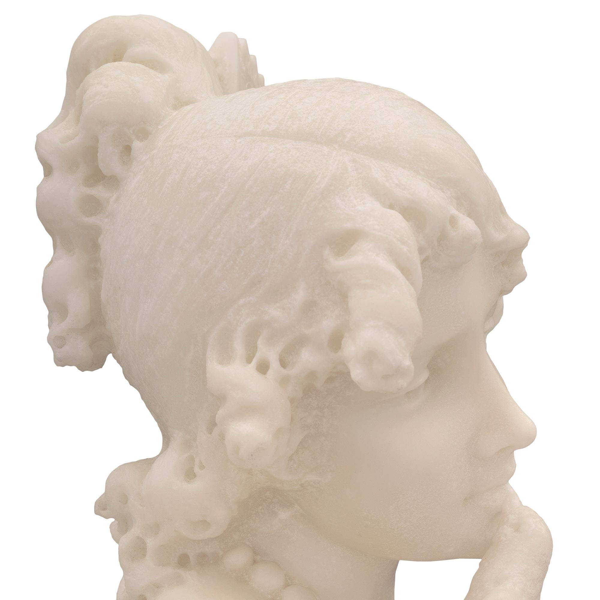 Italian 19th Century White Carrara Marble Bust of Young Girl with Birds For Sale 4