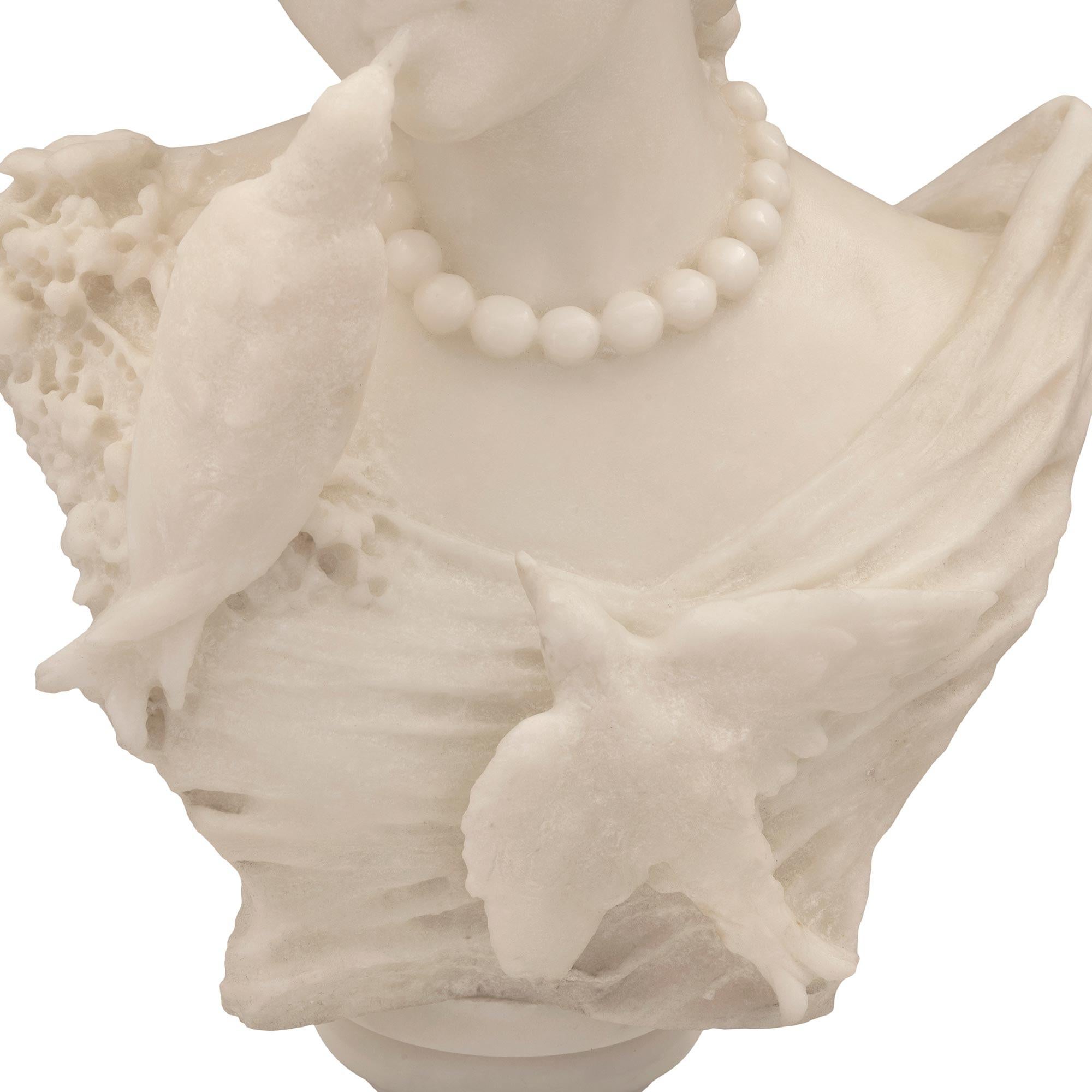Italian 19th Century White Carrara Marble Bust of Young Girl with Birds For Sale 5