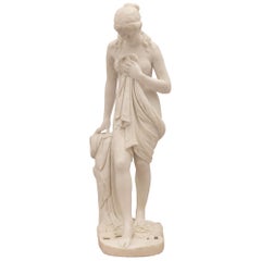 Italian 19th Century White Carrara Marble Statue of a Beautiful Bathing Woman