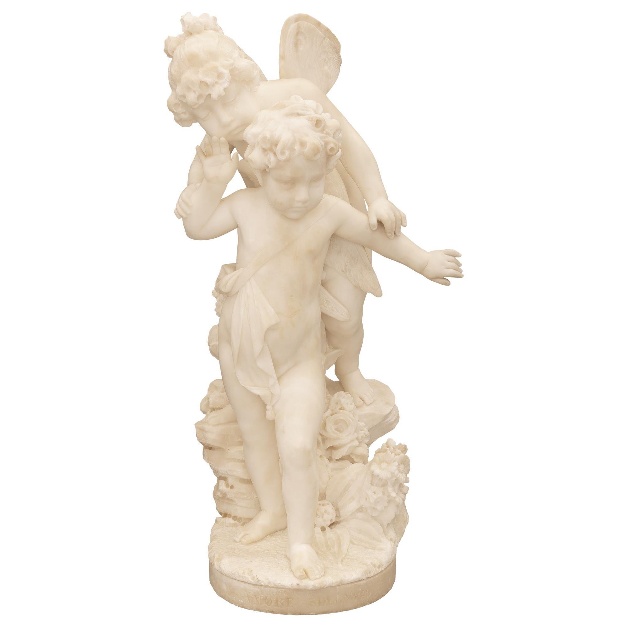 A charming and very high quality Italian 19th century white Carrara marble statue titled 