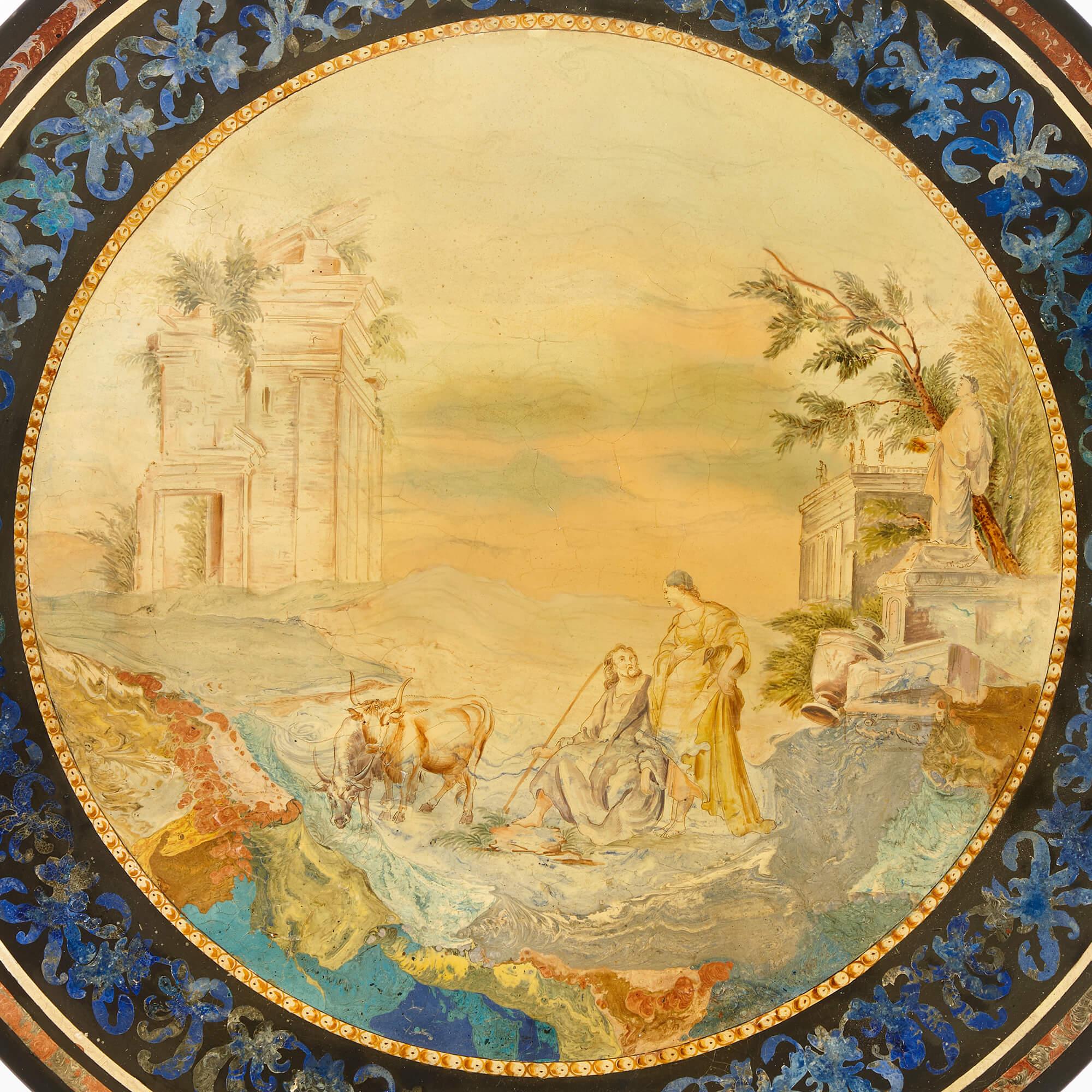 Eine italienische runde Scagliola-Tischplatte aus dem 19.
Italienisch, 19. Jahrhundert
Maße: Höhe 1,5 cm, Durchmesser 90 cm

Bei diesem prächtigen Stück handelt es sich um eine schöne antike italienische runde Tischplatte aus Scagliola, einer