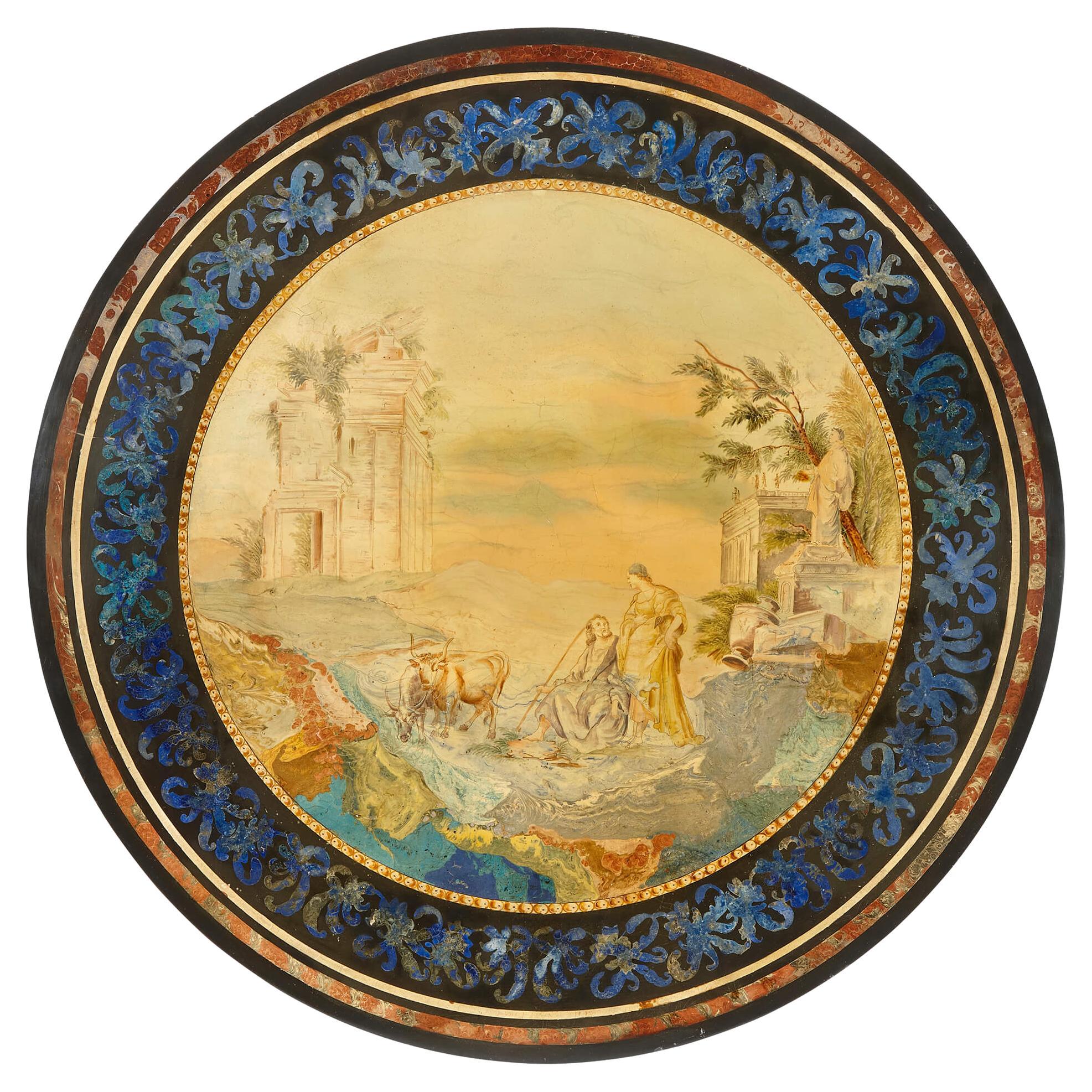 Plateau de table circulaire italien ancien Scagliola du 19ème siècle