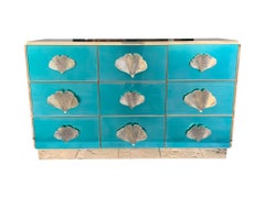 Italian Aqua Green Mirrored Chest of Drawers with Brass Coral Shaped Handles