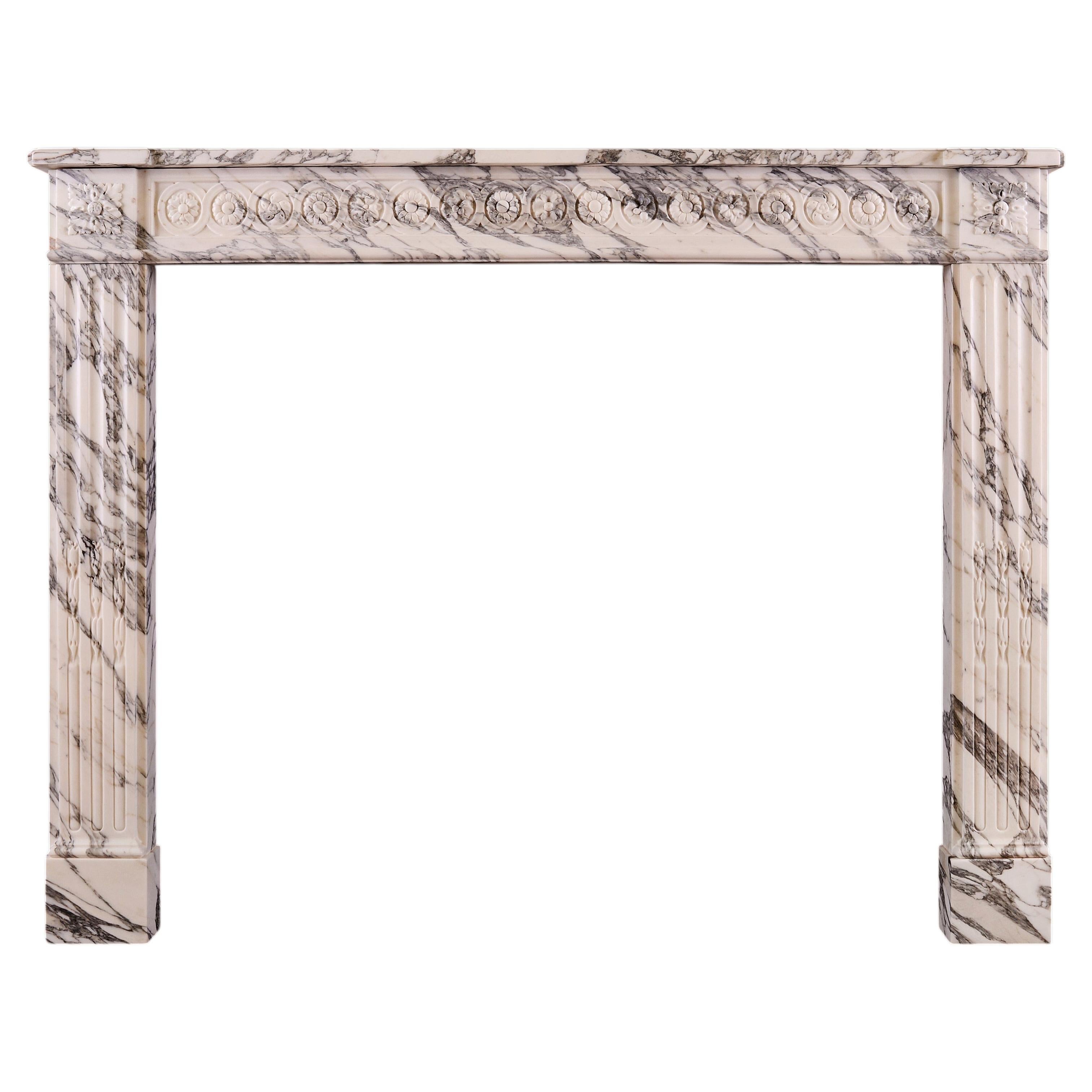 An Italian Arabescato French Louis XVI Marble Fireplace