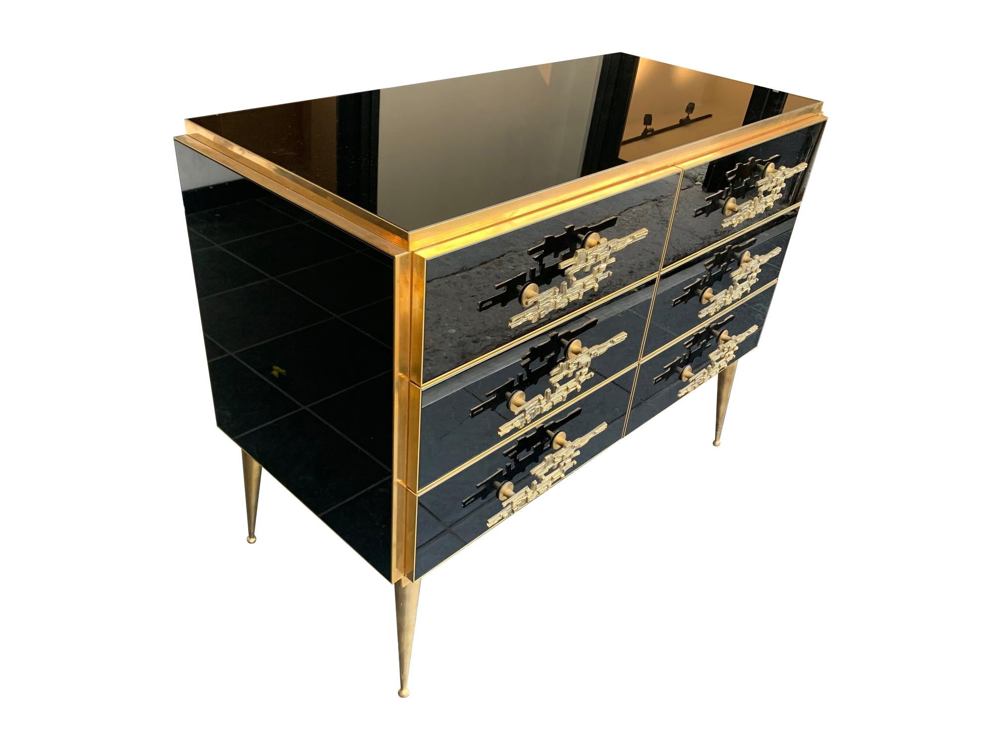 Italian Black Glass and Brass Chest of Drawers with Brutalist Brass Handles 1