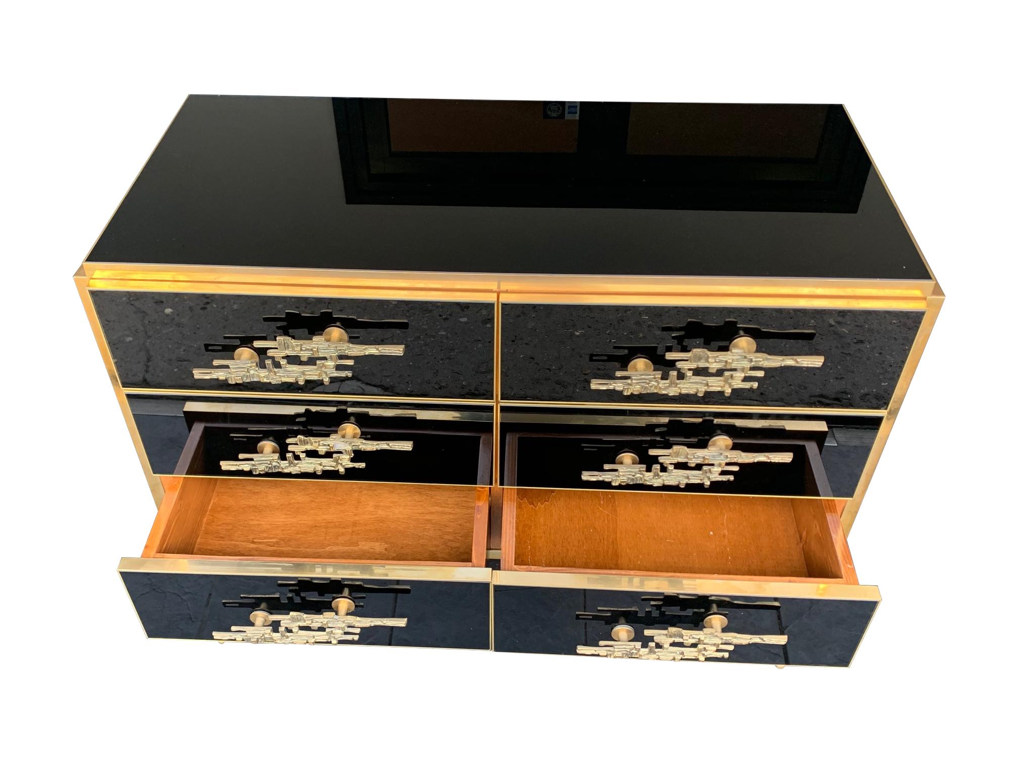 Italian Black Glass and Brass Chest of Drawers with Brutalist Brass Handles 2