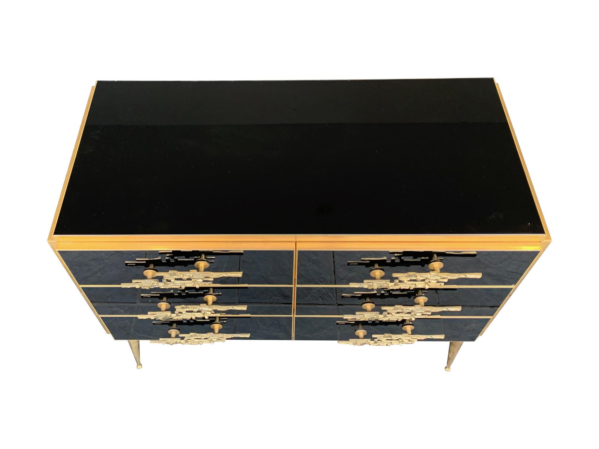 Italian Black Glass and Brass Chest of Drawers with Brutalist Brass Handles 3