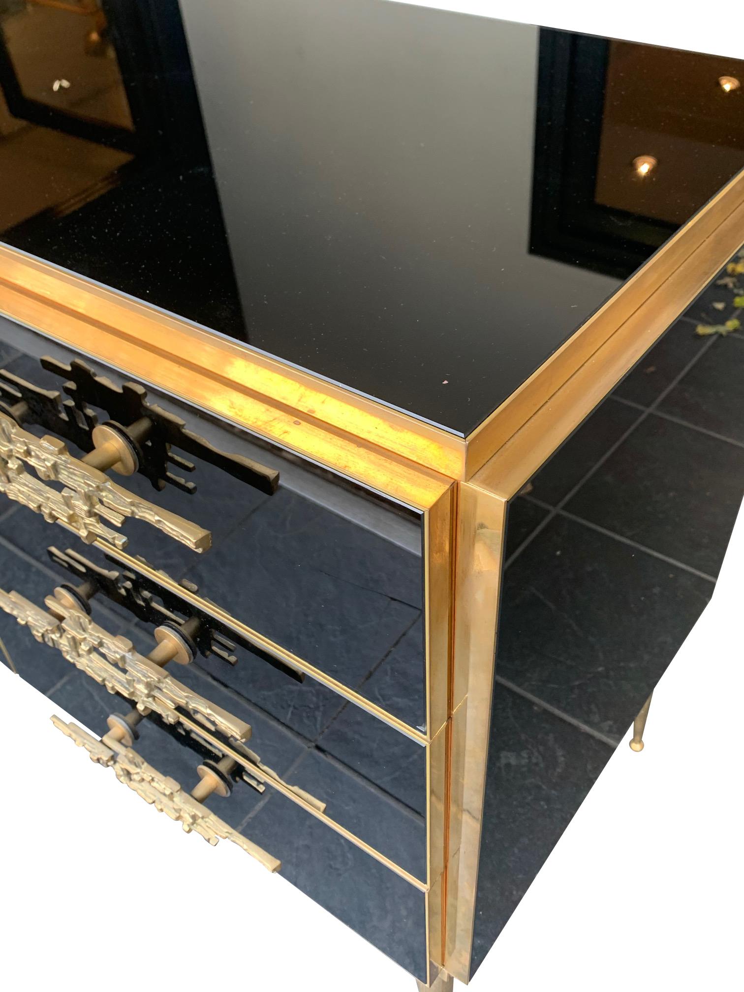 Italian Black Glass and Brass Chest of Drawers with Brutalist Brass Handles 4