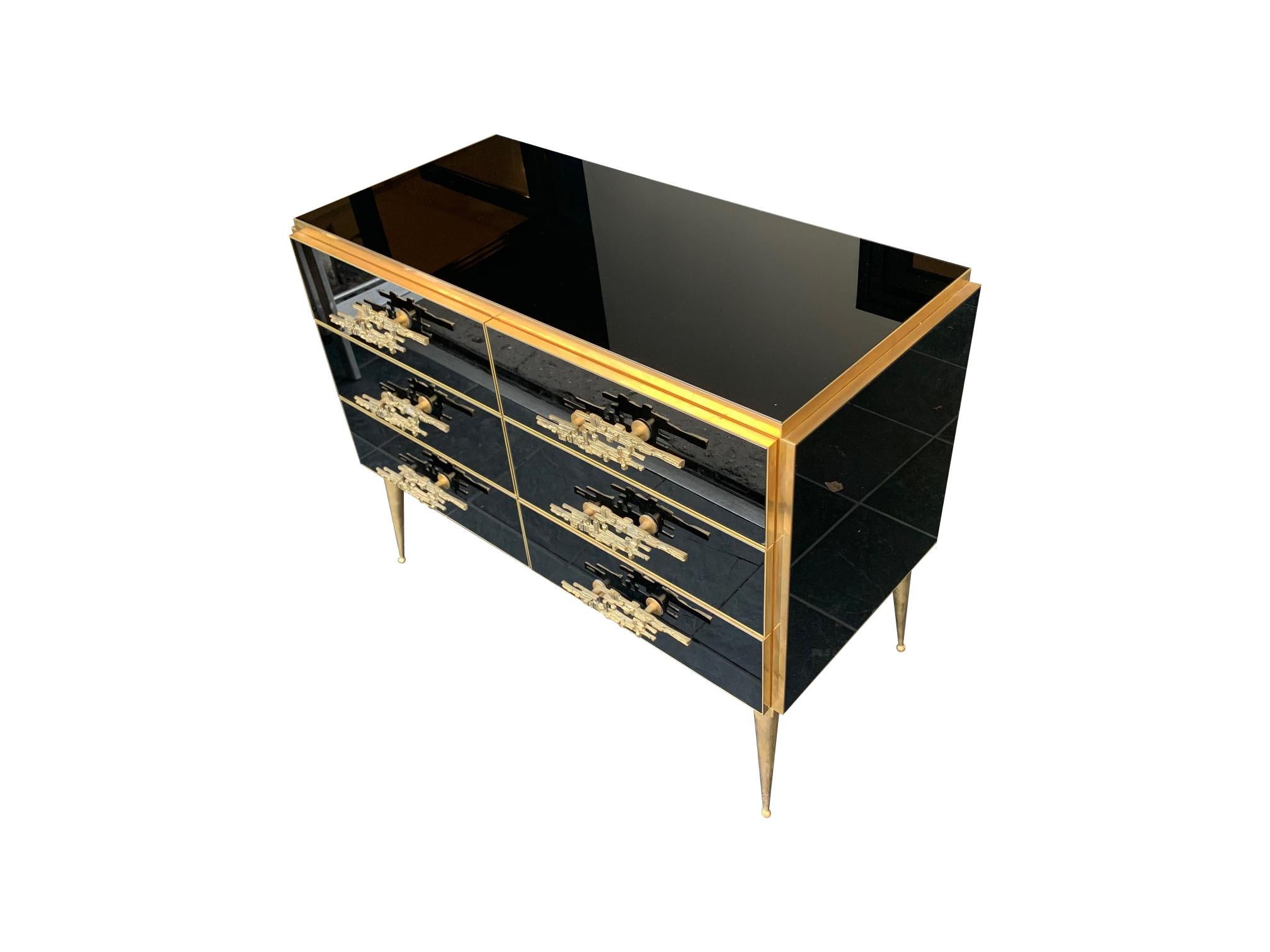 Blackened Italian Black Glass and Brass Chest of Drawers with Brutalist Brass Handles