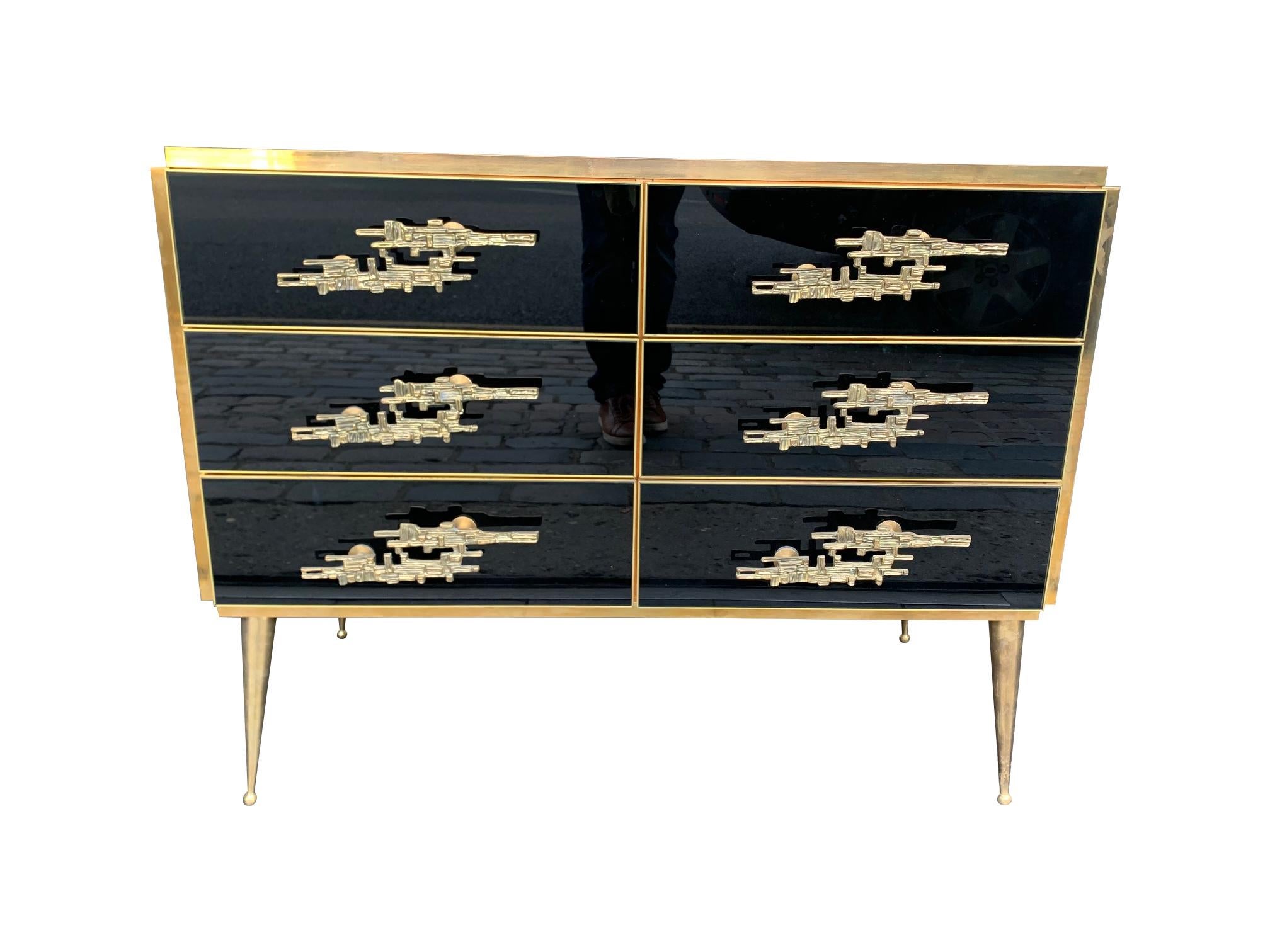 Italian Black Glass and Brass Chest of Drawers with Brutalist Brass Handles In Excellent Condition In London, GB