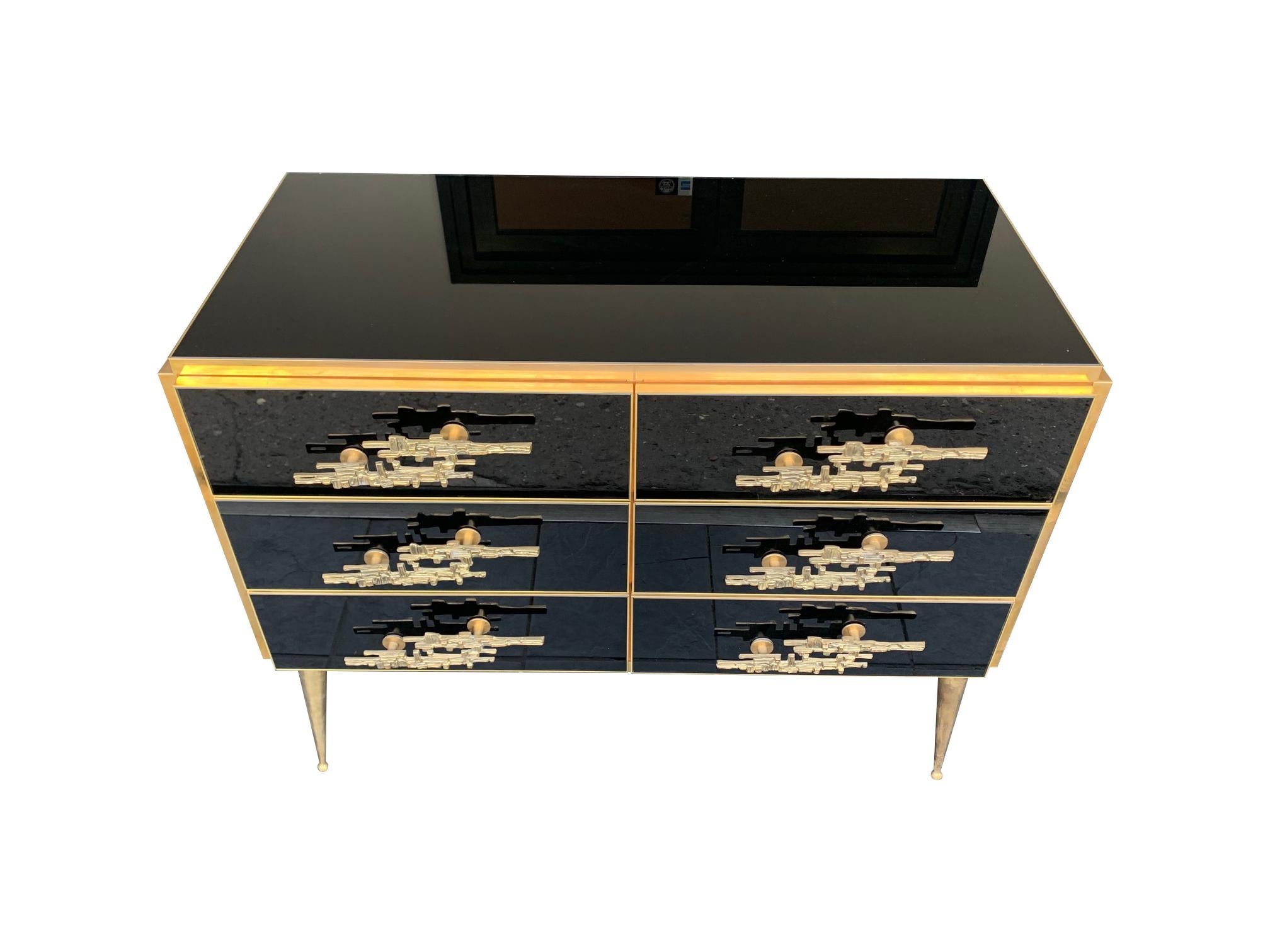 Contemporary Italian Black Glass and Brass Chest of Drawers with Brutalist Brass Handles