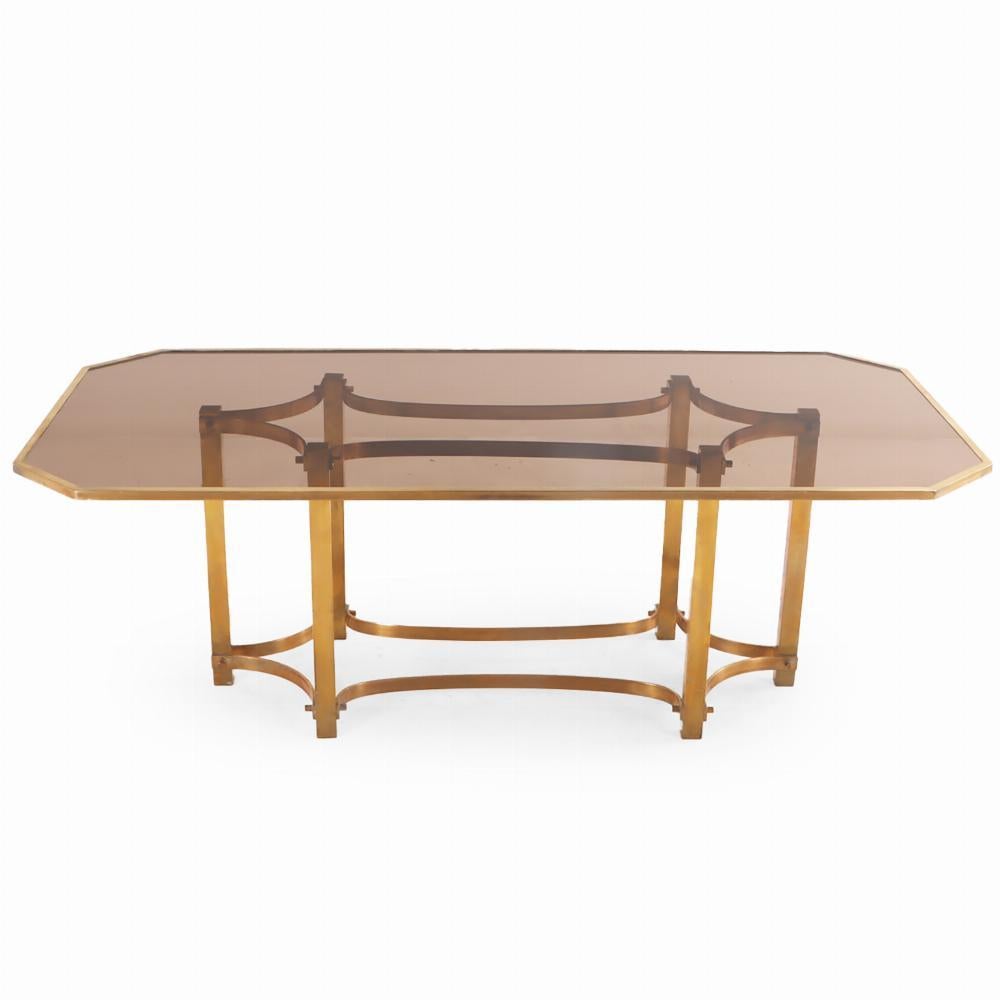 20th Century An Italian brass and smoked glass dining table, C. 1970. For Sale