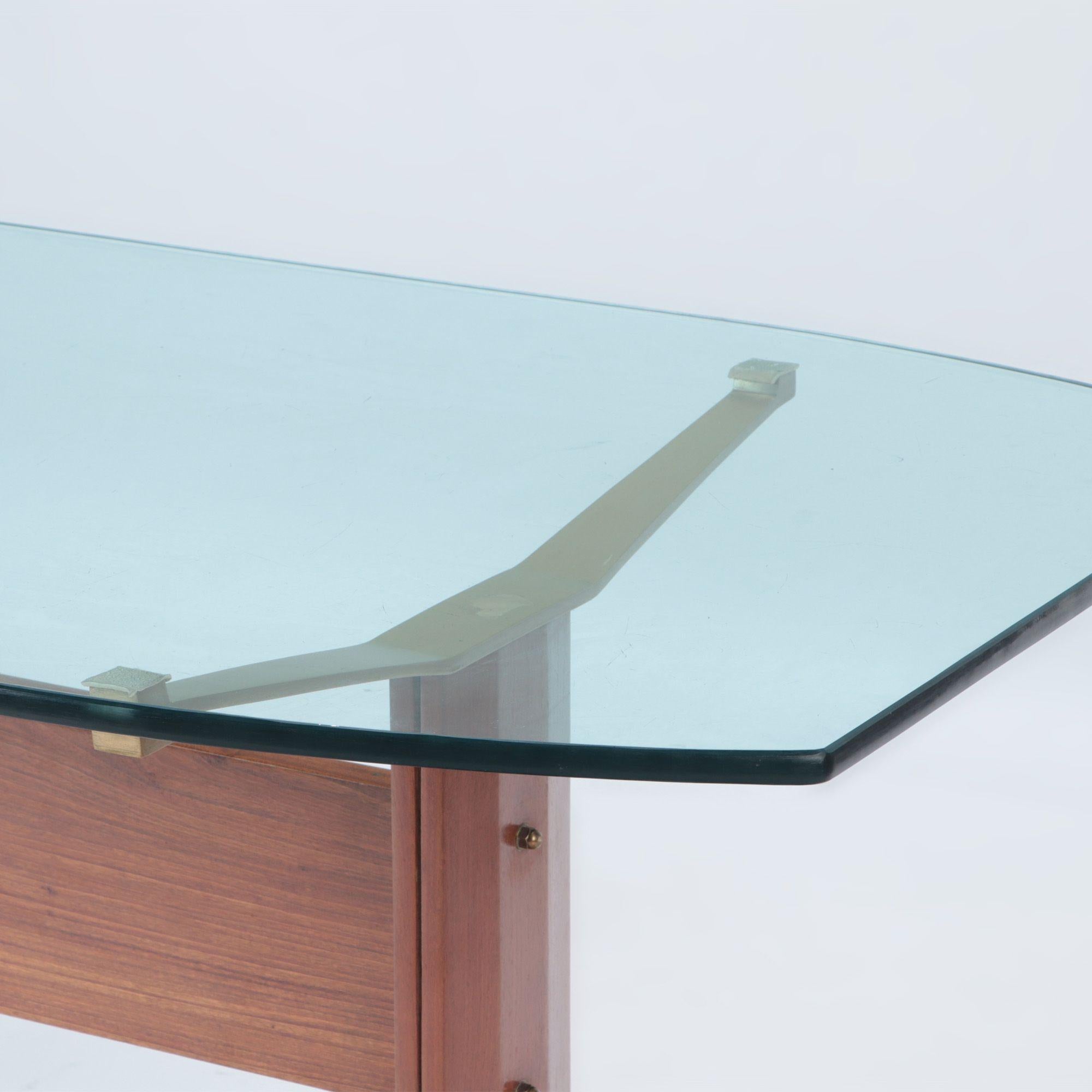 Mid-Century Modern Italian Brass and Wood Writing Desk or Dining Table with Glass Top, C 1955 For Sale