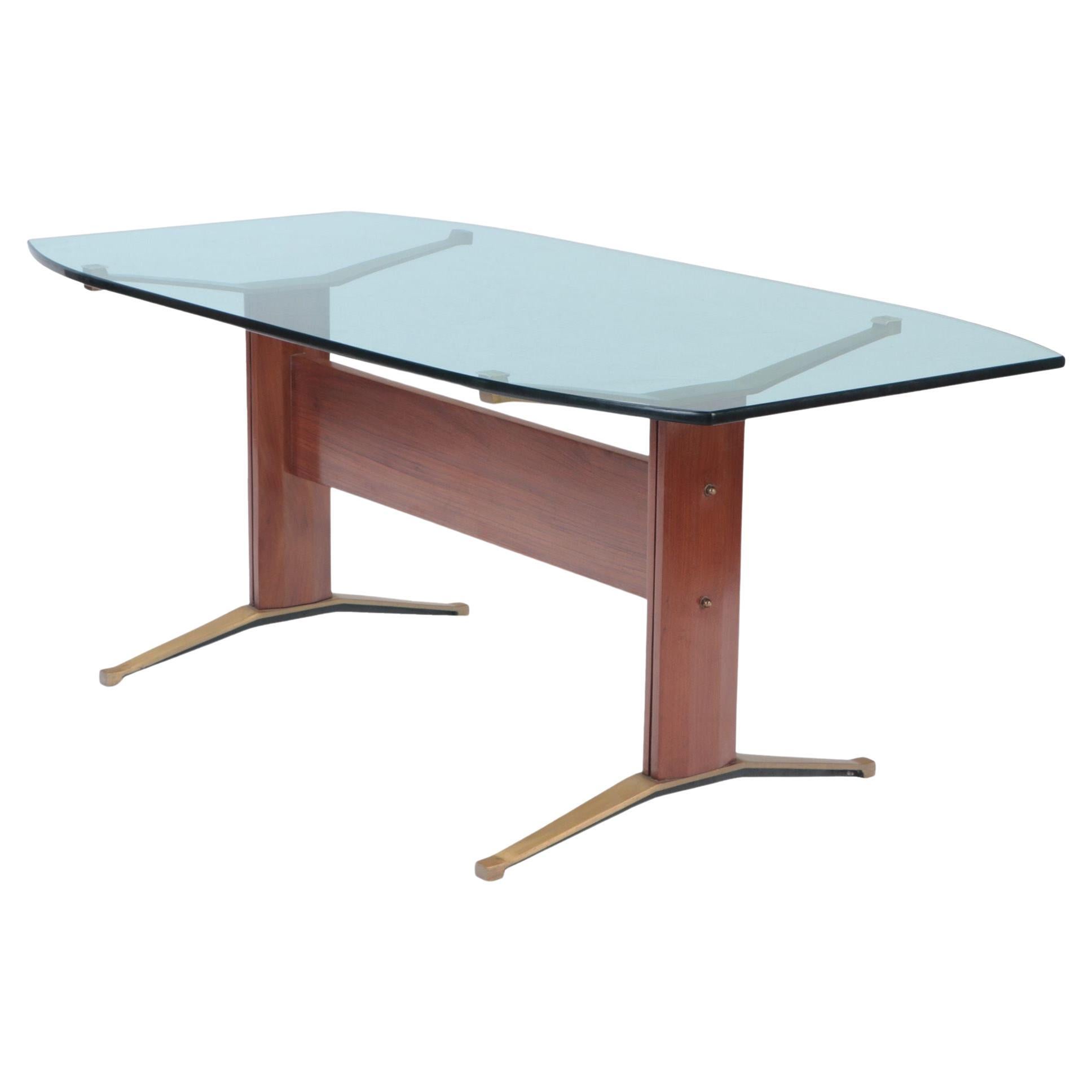 Italian Brass and Wood Writing Desk or Dining Table with Glass Top, C 1955