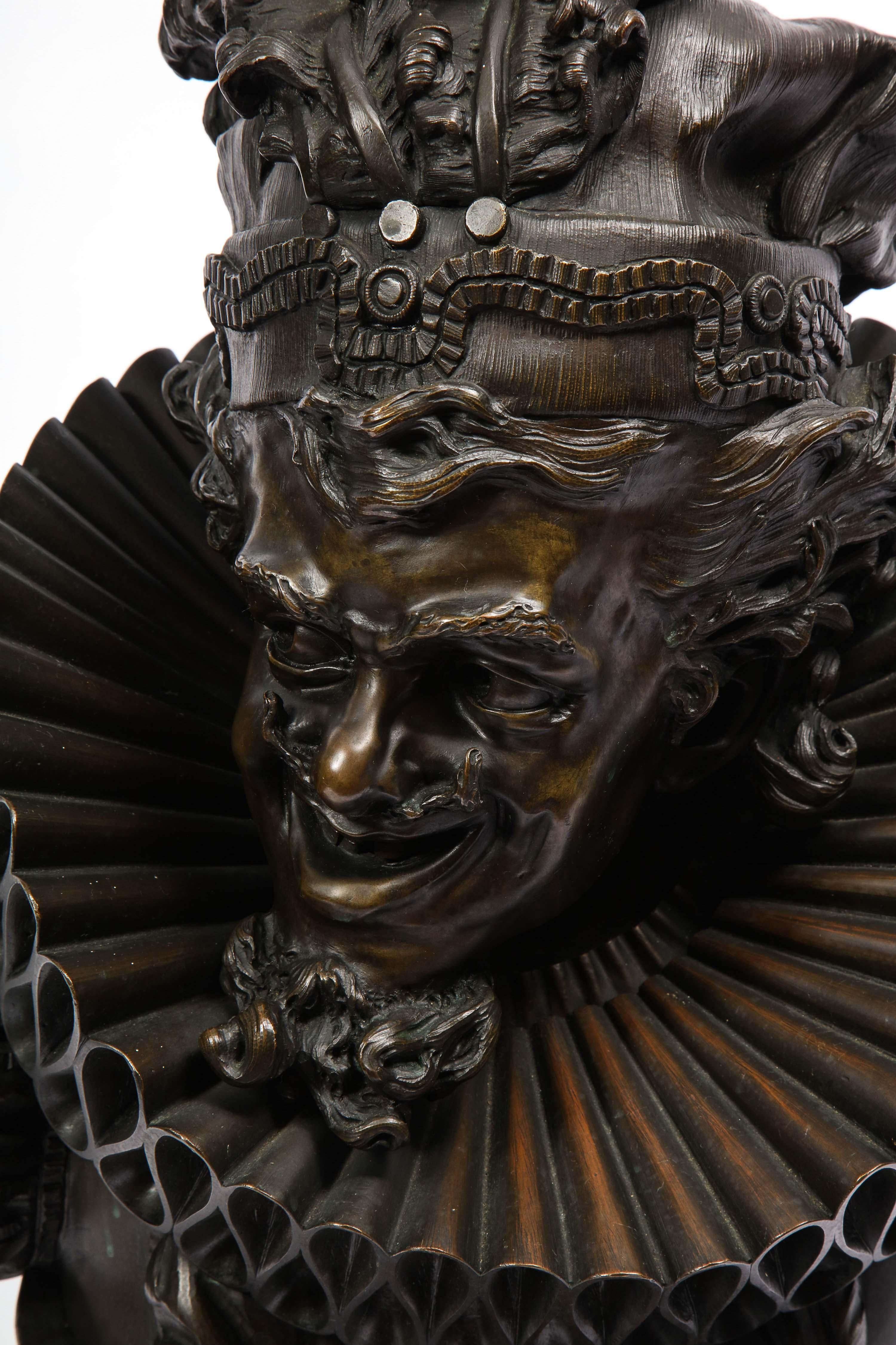 Italian Bronze Bust of a Court Jester, Signed Antonio Pandiani For Sale 4